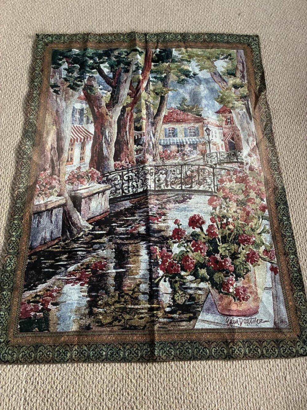 Vintage Erin Dertner Tapestry Wall Hanging-French Romantic River Village Scene